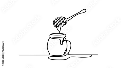 A continuous line drawing of a honey jar with a dipper, from which honey is pouring