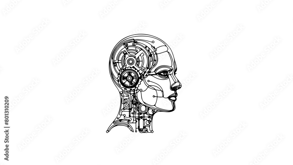 A single line drawing of a realistic android head A single line drawing of a realistic android head