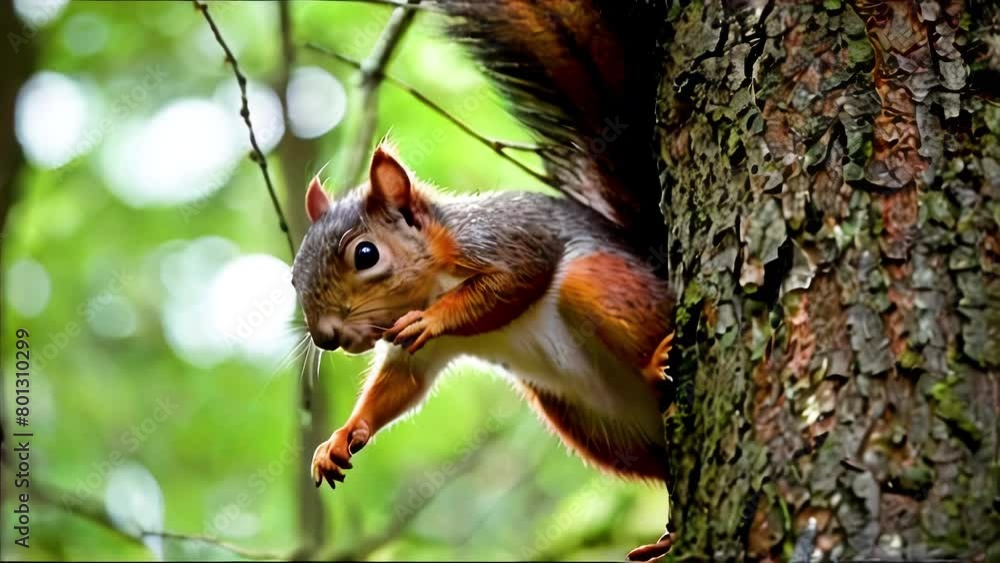 Disguised close-up of squirrel on tree in forest. Eyes and bushy tail of animal against a soft green backdrop. Disguised close-up of squirrel on tree in forest. Eyes and bushy tail of animal against a soft green backdrop.