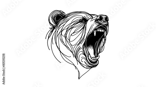 Continuous line drawing of a realistic bear head roaring 