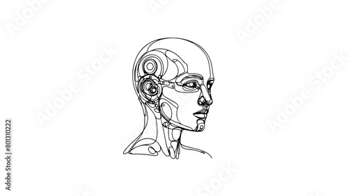 A continuous line drawing of a realistic android head