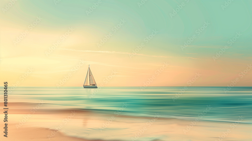 A tranquil beach scene at sunset, soft golden sands, calm turquoise waters, a distant sailboat. 