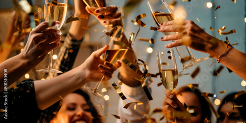 A group of people celebrating an event with champagne glasses, confetti, and live music provided by musicians playing brass and woodwind instruments