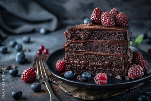 Slice of Chocolate cake with berries photo