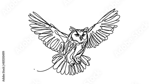 A continuous line drawing of a realistic owl