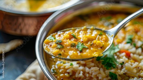 Close-up of a spoon scooping up a mouthful of aromatic dal from a traditional Indian thali  showcasing the creamy texture and rich flavors of this staple dish.
