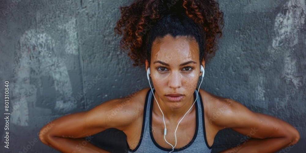 Naklejka premium One athletic young mixed-race woman taking a break after a run or jog outside with earphones. After difficult city workout, focused female athlete looks hot and fatigued yet determined.