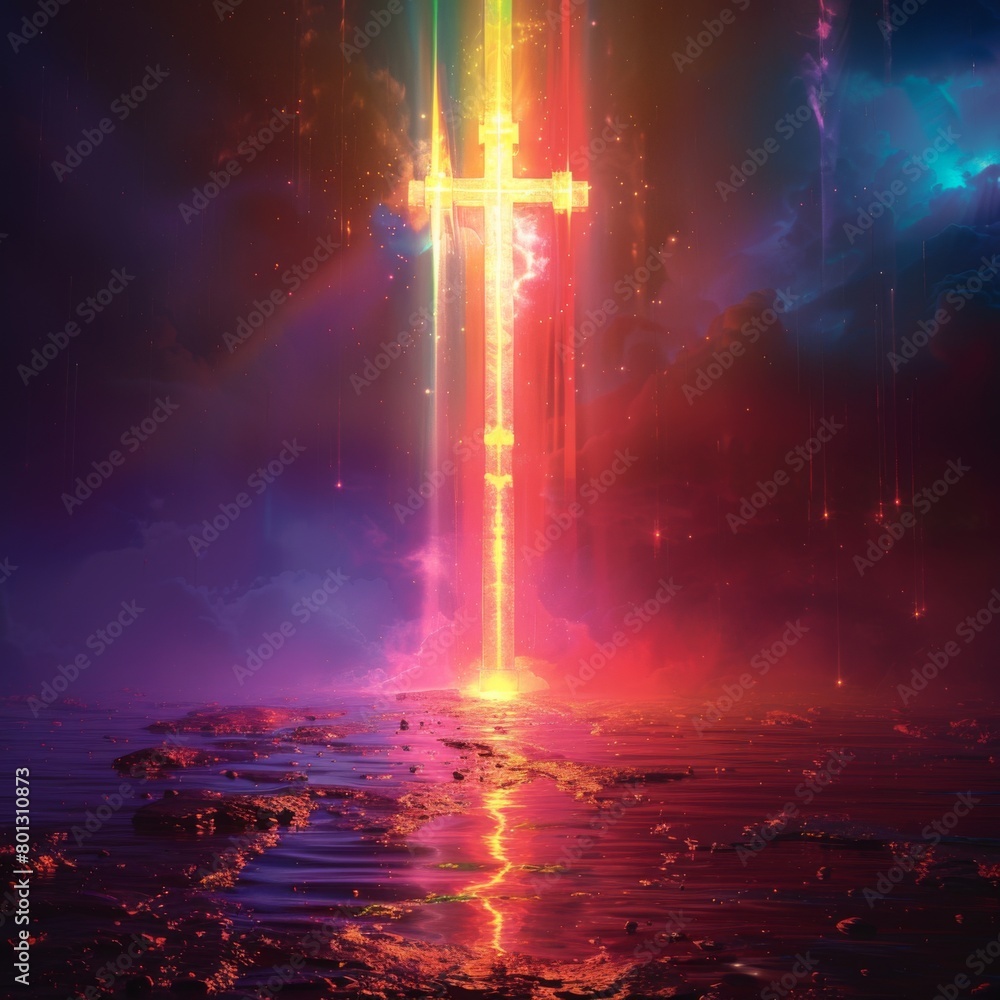 Christian cross on a colorful background. 