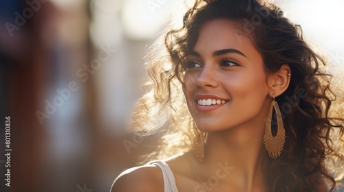 Closeup of a half-faced, smiling mixed-race woman with a nose piercing. Against a hazy background, a Hispanic woman's face is cropped. Relax your face by smiling. photo