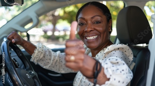 New automobile, photo, or joyful black woman with thumbs up, yeah, or thank you for loan or vehicle finance success. Smile, car bargain, and happy driver ready for trip, transport, or auto insurance photo