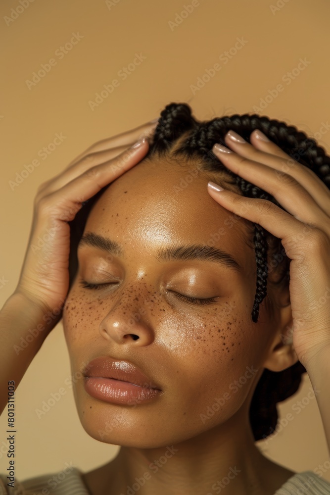 Portrait of black woman in studio for beauty, braids, and skincare on brown background. Female model with natural hair and mockup concerned about wellness, hygiene, and grooming Portrait of black woman in studio for beauty, braids, and skincare on brown background. Female model with natural hair and mockup concerned about wellness, hygiene, and grooming