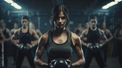 A young Caucasian woman doing kettlebell squats in a gym with others. Focused exercise class participants lifting heavy weights to increase muscle and endurance. photo