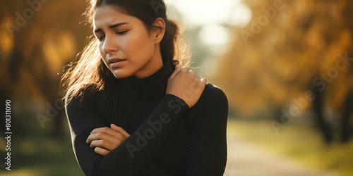 Outdoor workout with a mixed-race woman cradling her aching shoulder. Female athlete with terrible arm injury from shattered joint and workout muscle inflammation. Stiff bodily cramps producing pain photo