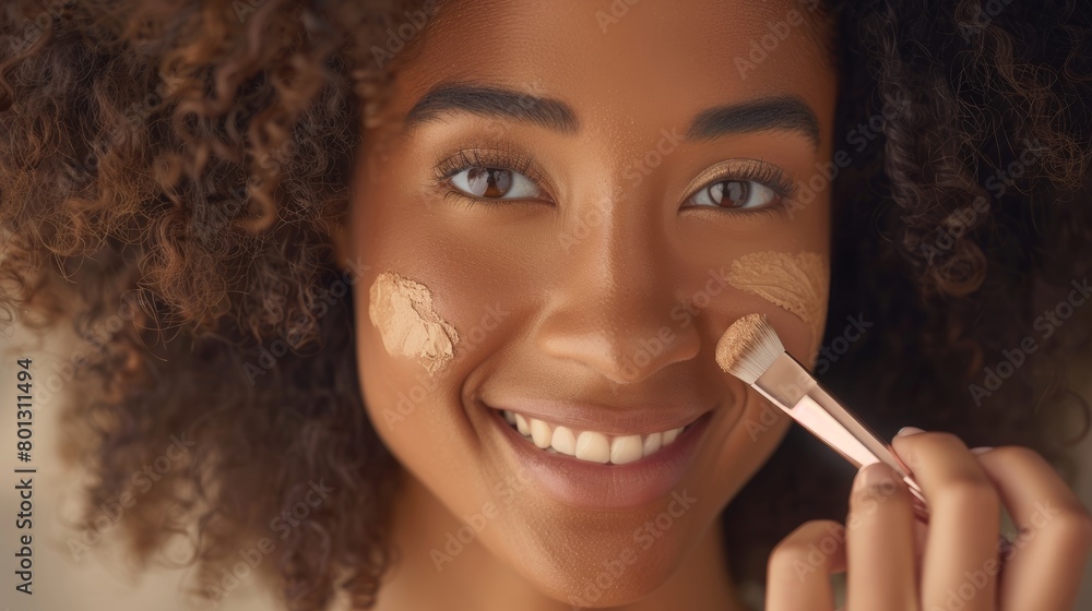 Obraz premium Face, makeup, and woman in studio for beauty, product, foundation, shade, and glamour closeup. Portrait, base, and skincare by joyful, smiling black woman pleased about contouring, results