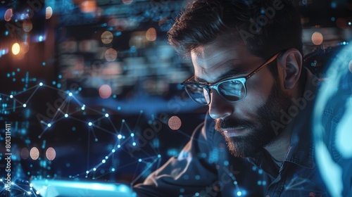 Wallpaper Mural Globe, tablet hologram, and businessman in global network, digital overlay, or futuristic data analysis. Holographic, night technology, global research, online coding, and software Torontodigital.ca