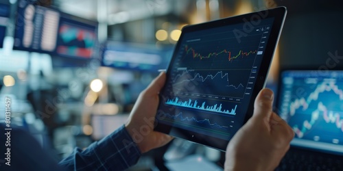 Business hands, tablet graphs, and stock market, global investment, and UI data analytics. Economic, financial, and trading analysis using online facts on screen app