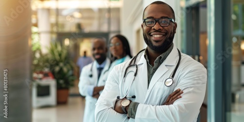 Doctor and hospital worker with motivation, trust, and skilled counsel in clinic. African doctor, surgeon, and medical therapist with wellness vision