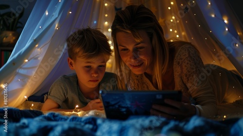 A happy Caucasian mom lies under a blanket fort with her gorgeous son. A young family of two watching movies on a wireless tablet at home while laughing.