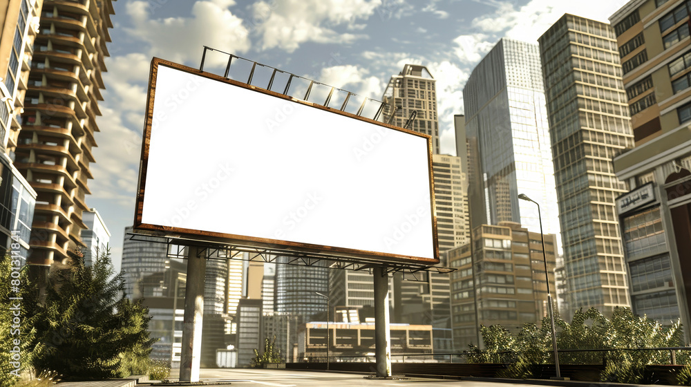 A billboard showcasing an advertising mockup against the backdrop of a bustling modern city A billboard showcasing an advertising mockup against the backdrop of a bustling modern city
