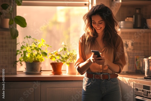 One happy young mixed-race woman having coffee and browsing the internet on her mobile in her kitchen. Hispanic smiling while reading social media and phone messages photo