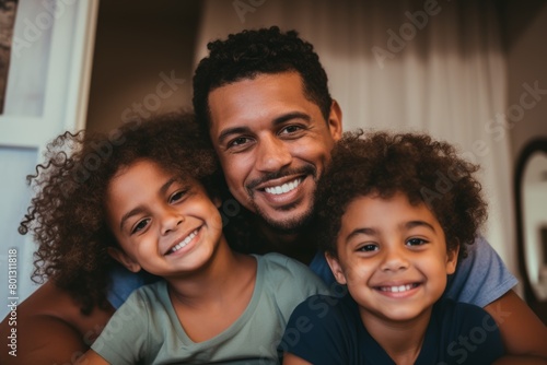 A happy family on bed. Little boy and daughter laughing on their parents. Mixed-race parents bonding with their kids. Spanish siblings spending time with their parents photo