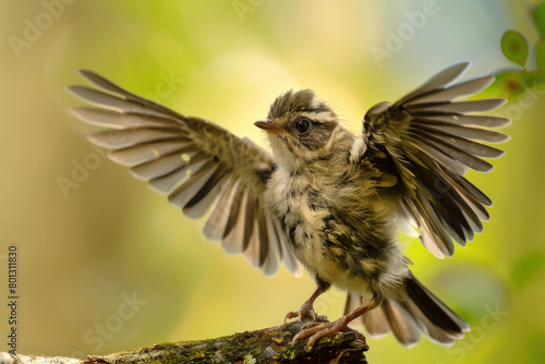 A bird fledgling at the edge of flight