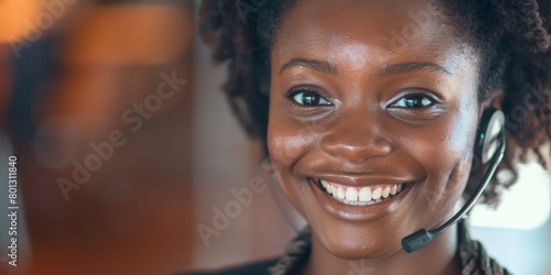 Portrait of a smiling African American contact center telemarketing agent in office using headset. Face of confident and friendly businesswoman working helpdesk for sales and customer service.