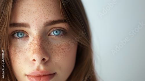 Facial or skincare  woman Glowing blue eyes for vision  retina scan cybersecurity innovation for future AI. For model eyebrows  eyelashes  or facial makeup  zoom  portrait  or texture.