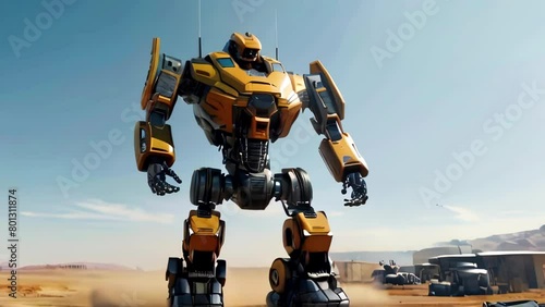 Yellow big robot stands in desert landscape, surrounded by dust and other vehicles. It symbolizes power and futuristic technology photo
