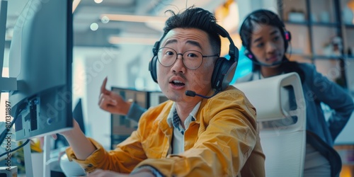 African-American call center representative teaches new Asian assistant on office computer. Businessman smiling while mixed-race woman helps him. Coaching/teaching intern