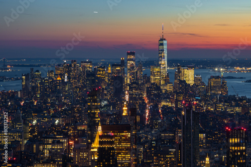 Sunset skyline from a rooftop of New York City  USA 
