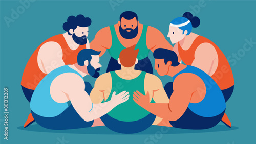 A group of wrestlers huddle together practicing mental toughness exercises and discussing ways to stay focused and motivated during their