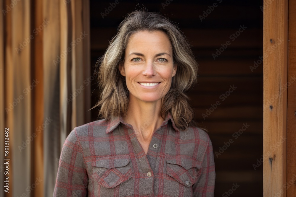 Portrait of a smiling woman in her 40s wearing a comfy flannel shirt isolated on rustic wooden wall Portrait of a smiling woman in her 40s wearing a comfy flannel shirt isolated on rustic wooden wall