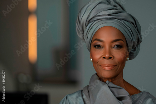 A sophisticated African woman in a stately headwrap gazes confidently at the camera in a softly lit portrait photo