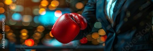 Competitive business woman in office attire ready for challenge with boxing gloves photo