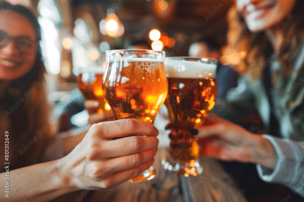 Friends cheerfully toasting with golden beers at a cozy pub, capturing a moment of joy and social interaction in a warm, inviting atmosphere.