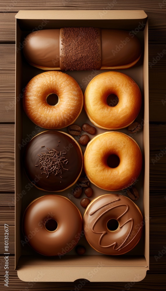 Fototapeta premium Exaggerated hyper realistic box of glossy donuts, vividly detailed and impeccably crafted