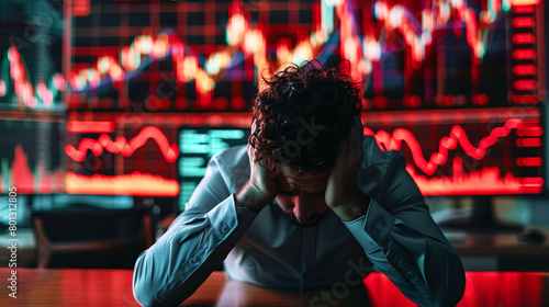 Businessman distraught over falling financial graphs reflecting stock market crash