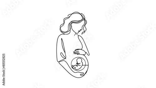 A minimalist, one continuous line drawing of a pregnant woman with a baby inside her belly