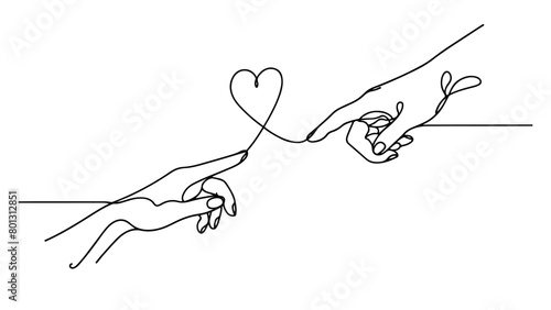 A minimalist, one continuous line drawing of two hands linked by a heart