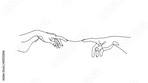 A one continuous line drawing of a hand pointing its finger to another hand with a stretched finger