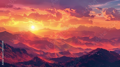 sunset over the mountains a serene landscape with a mountain range in the background, a clear blue