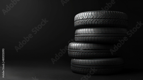 stack of black car tires on a dark background, automotive and durability concept photo