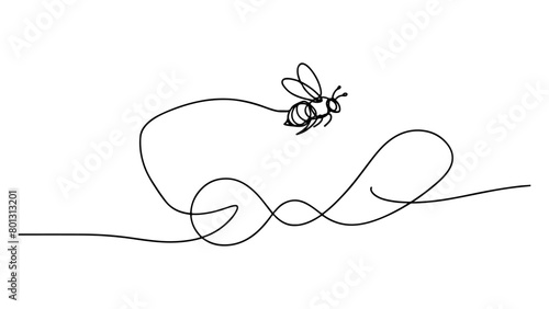 continuous line drawing of a bee flying, leaving a trail behind it