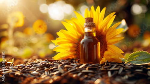 Sunflower and its seeds spread around with a bottle of oil, symbolizing organic and natural food production