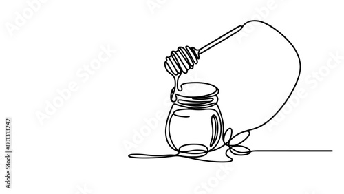 continuous line drawing of a honey jar with a dipper, from which honey is pouring
