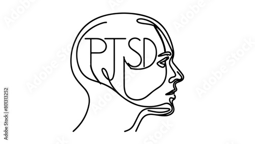 continuous line drawing of a human head with PTSD