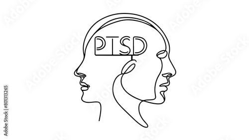 continuous line drawing of a human head with the word PTSD