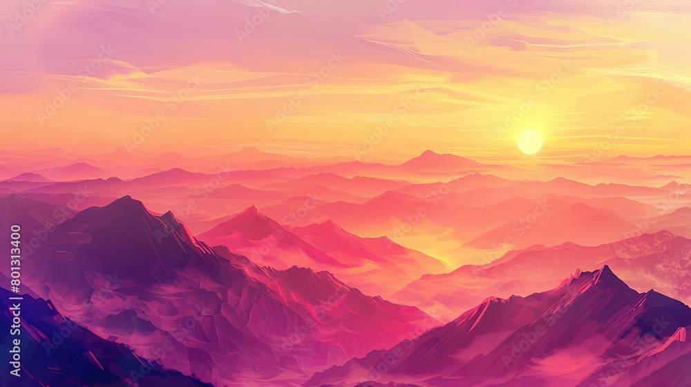 sunset over the mountains a serene landscape with a mountain range in the background, a clear blue