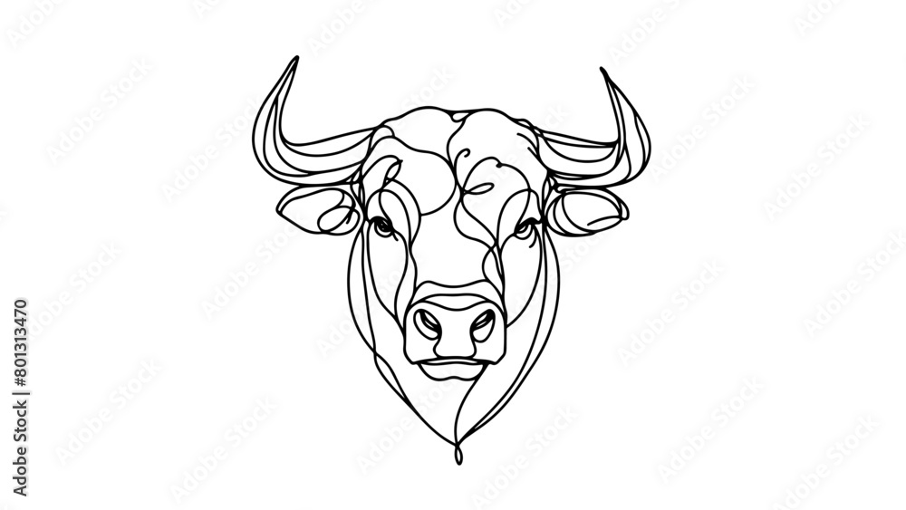 continuous line drawing of a realistic Emperor Bull head in frontal view